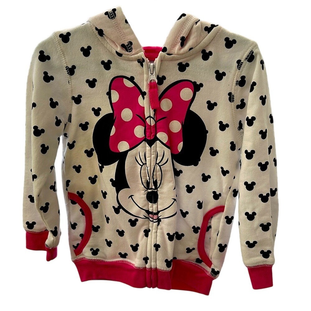 Disney Minnie Mouse Hoodie Toddler Girls 4T White Pink Zip Up 3D Ears Sweatshirt